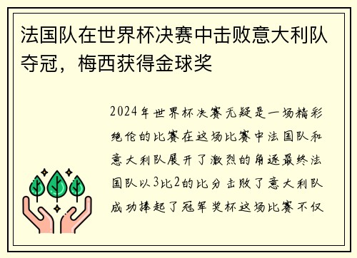 法国队在世界杯决赛中击败意大利队夺冠，梅西获得金球奖