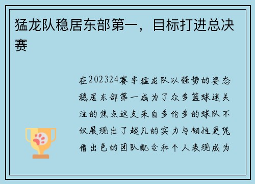 猛龙队稳居东部第一，目标打进总决赛